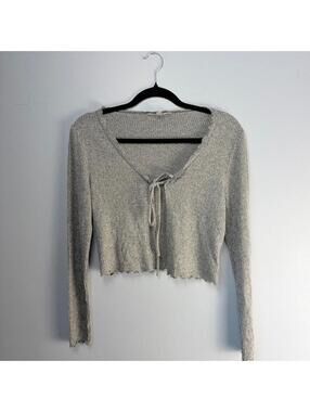 Gaze Gray Ribbed Knit Cropped Cardigan Tie Front Long Sleeve Size S Y2K